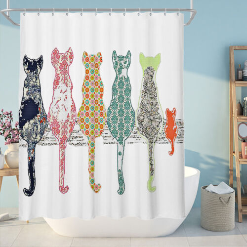 Cute Cats Animal Print Shower Curtain Waterproof Summer Bathroom Decor 12  Hooks | eBay