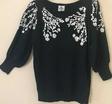 Rain+Rose Angora Blend Floral Embroidered Sweater Puff Sleeve Black/White Sz XS