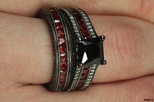 Princess 925 Sterling Silver Red Garnet Accent CZ Engagement Wedding Ring Set