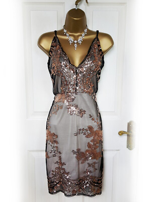 PARISIAN Beige, Black & Rose Gold Floral Sequin Slip Dress - BNWT | eBay UK