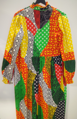 C24 Vintage Bright Multicolor Patchwork Bandana Cotton L/S 1970s Maxi Long Dress - Picture 7 of 9