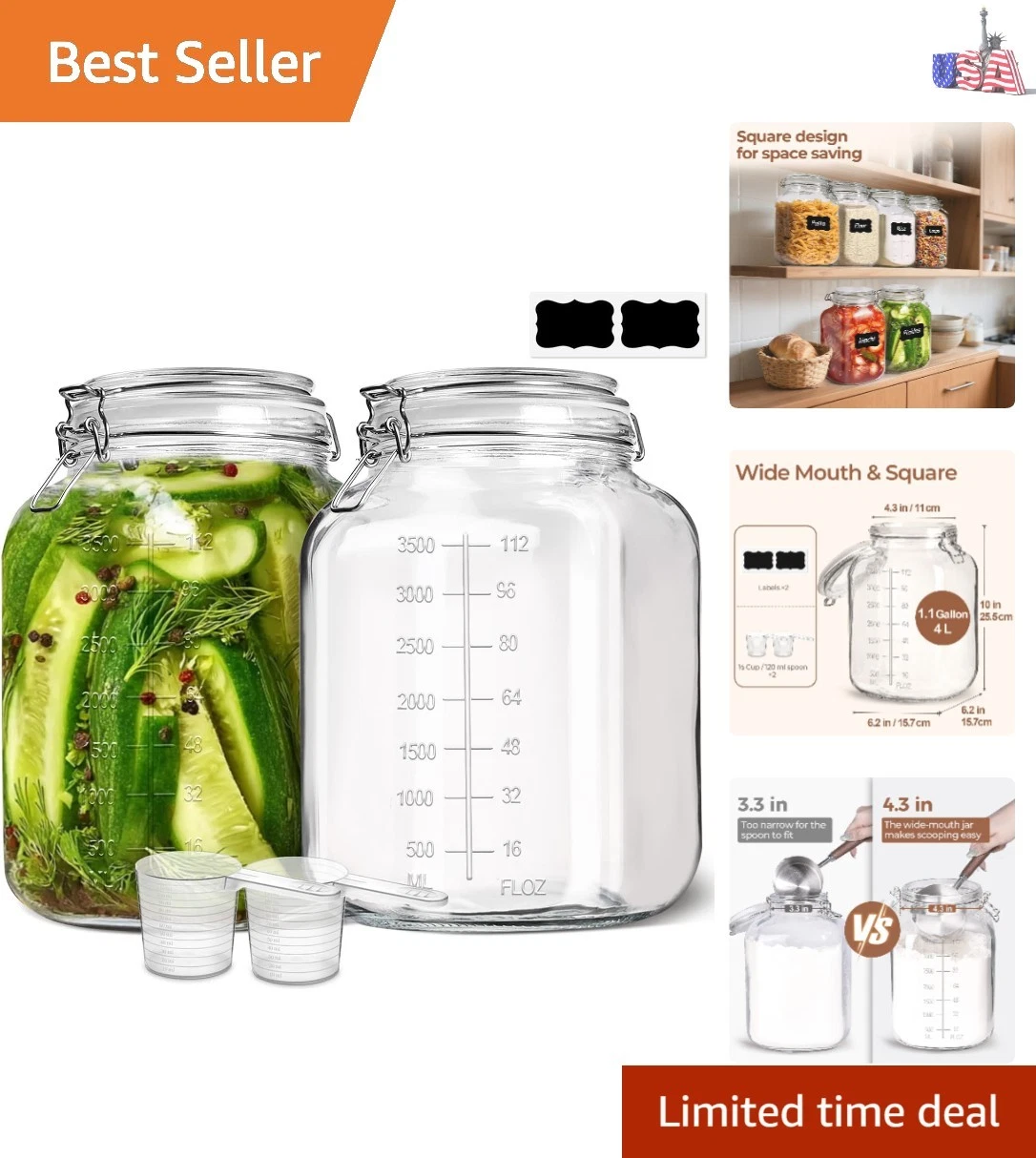 1 Gallon Square Glass Jars with Airtight Lids 135oz, Set of 2, Extra-Wide Mou...