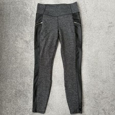 Athleta Leggings Womens Medium Gray Black Faux Leather Panel Zip Pockets Yoga