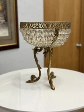 Vintage Rococo Baroque Brass & Crystal Centerpiece Pedestal Bowl