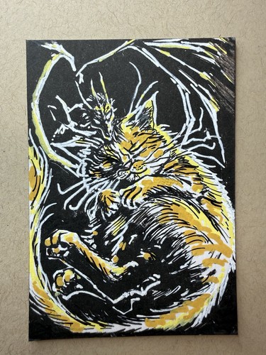 Original Cat & Dragon ACEO Art Fantasy Mixed Media Roger Ealth 2.5x3.5
