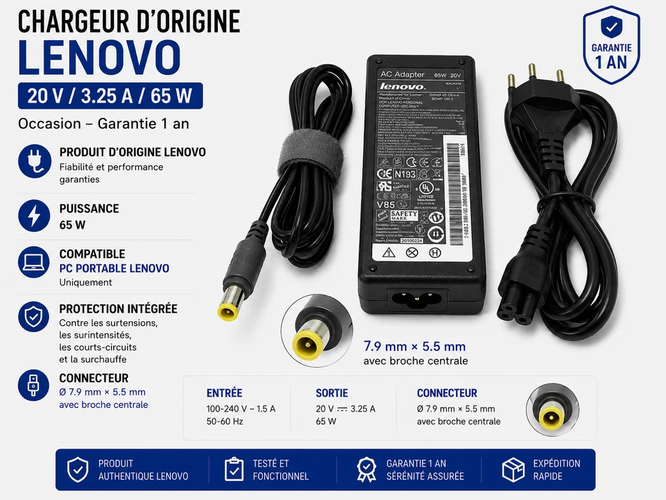 CHARGEUR ALIMENTATION D'ORIGINE IBM LENOVO ThinkPad T430 T430I 20V 3.25A - Photo 1/1