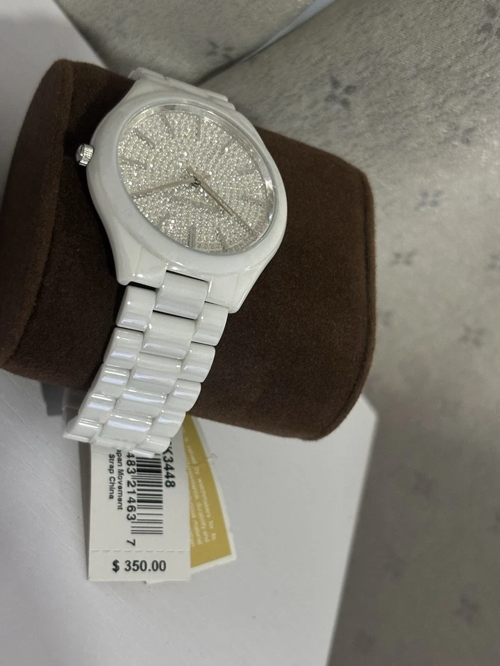 Nuevo con caja: Michael Kors MK3448 reloj de pasarela delgado para mujer, correa de cerámica blanca Foto 4 de 4