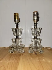 Set 2 Art Deco Style 3 tier Stacked Glass Geometric Cube Lamp 10” Vintage 