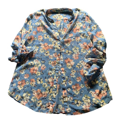 Kut From The Cloth Blouse LARGE Blue Floral Chiffon Shirt Roll Tab Sleeve Top