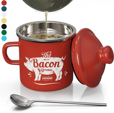 Mini Bacon Grease Container with Strainer - 15OZ Enamel Grease Saver, Farmhouse