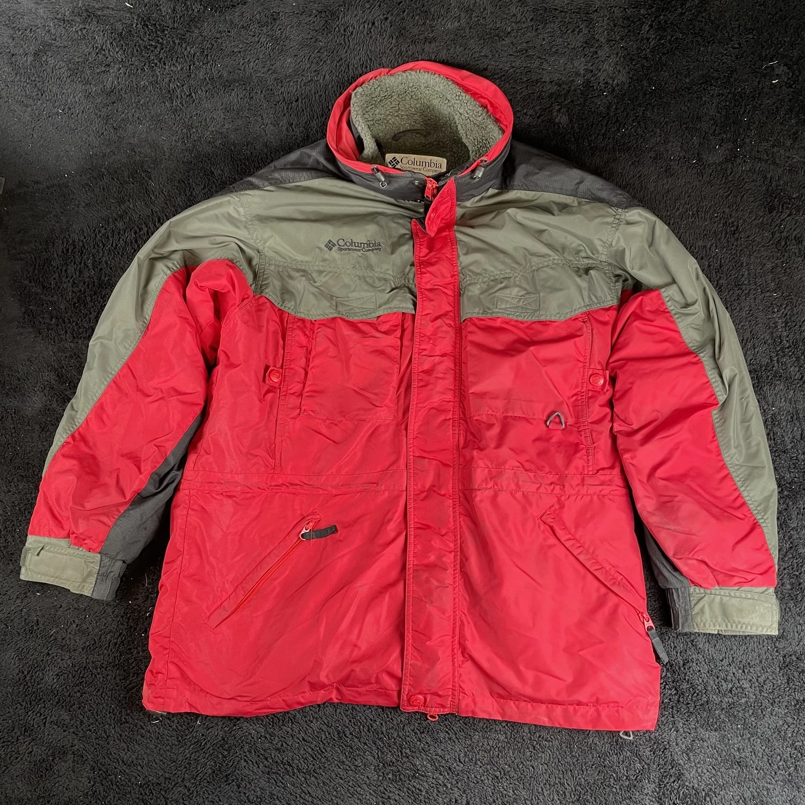 Columbia Jacket Mens Medium Red Gray Williwaw Parka Fleece Lined Hooded Outdoor