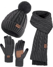 Women Beanie Hat Scarf Gloves Set, 3 PCS Winter Warm Pom One Size, Dark Gray