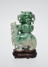 A BEAUTIFUL CHINESE JADEITE JADE PHOENIX VASE W WOOD STAND, 19/20THC