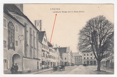 AK Erding bei München Landshuterstr. mit Hl. Geist Kirche Stempel gelaufen