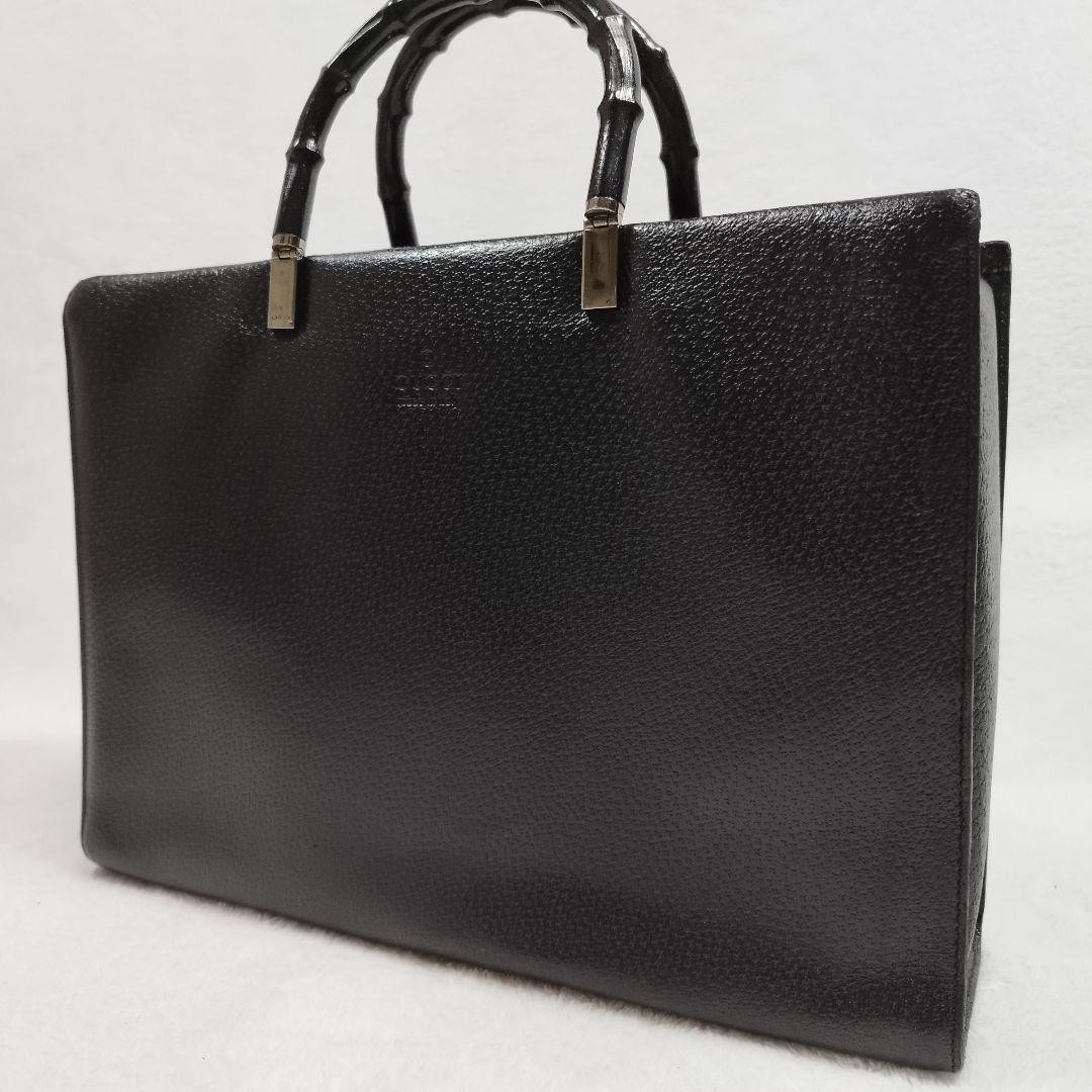 Gucci Vintage Black Leather Bamboo Tote Bag with Logo Embossed