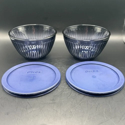 Set of 2 Pyrex 3 Cup Amethyst Ribbed Small Mixing Bowls 7401-S w/ Lids