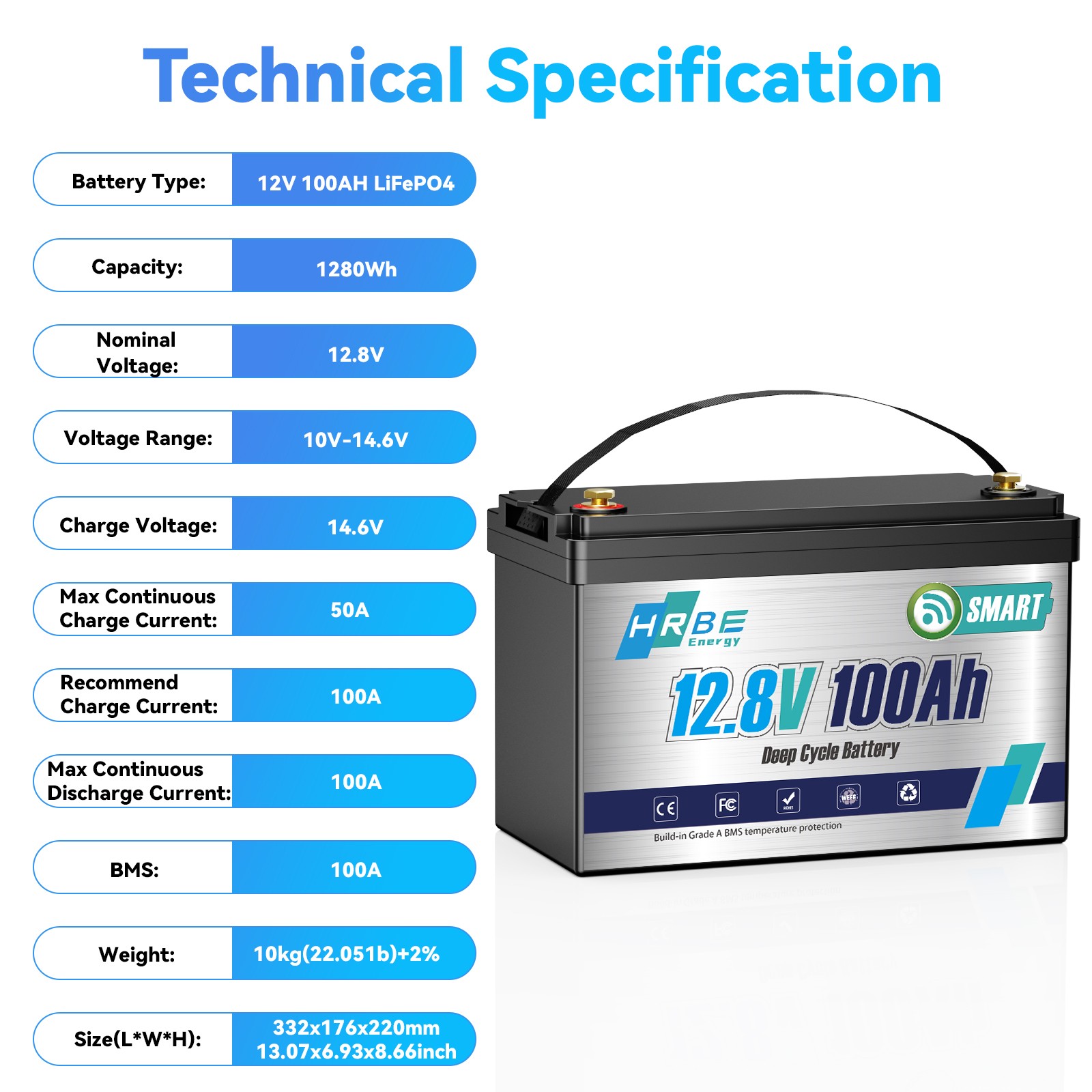 12V 100Ah LiFePO4 Lithium Battery Bluetooth monitoring For RV Solar Marine Panel