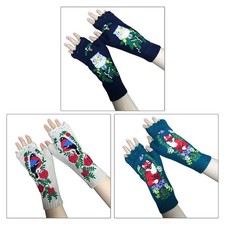 Women Knitted Lengthen Fingerless Gloves Animal Embroidery Mittens Arm Warmers