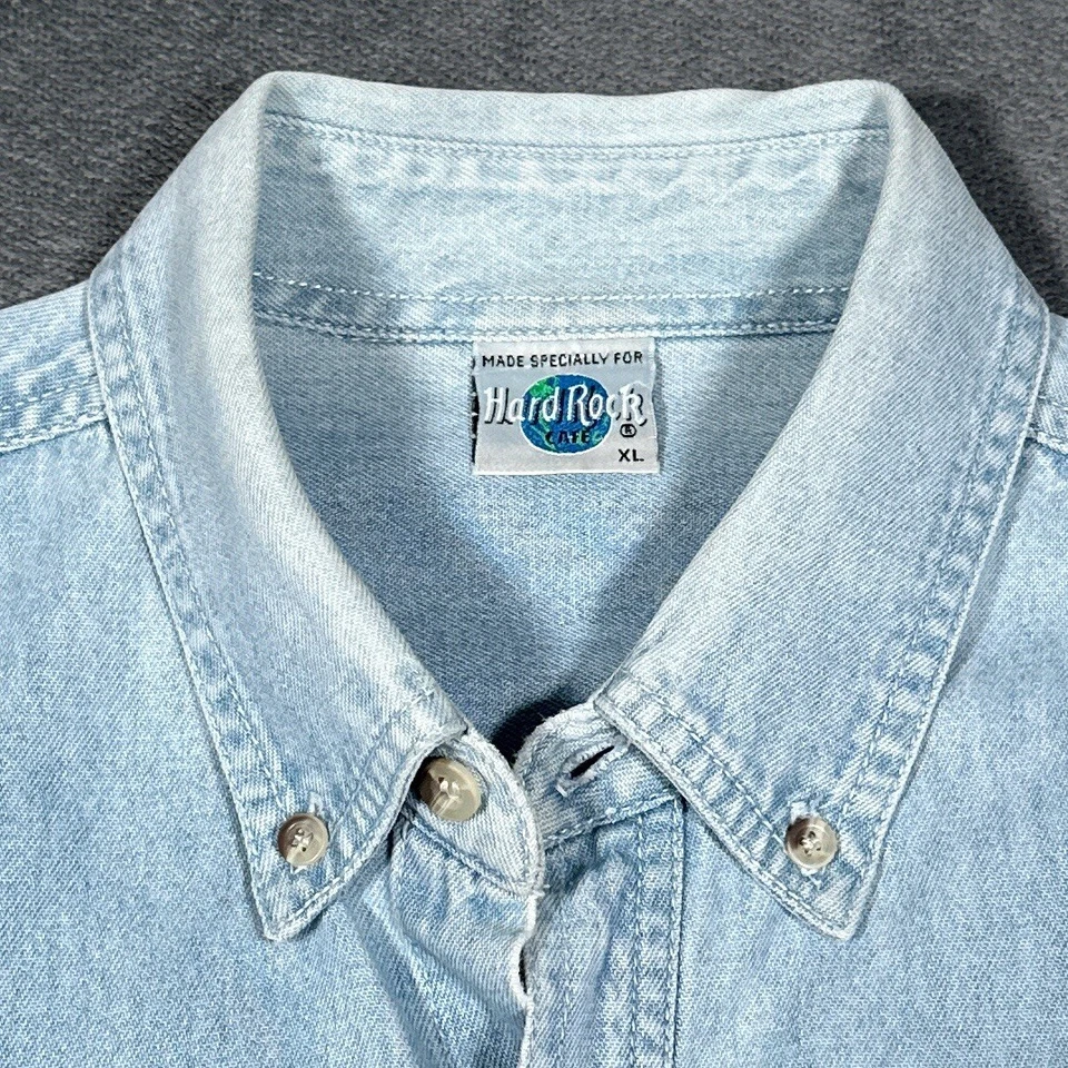 Camisa vaquera vintage Hard Rock Café Hong Kong para hombre grande azul desteñida 100 % algodón Foto 4 de 4