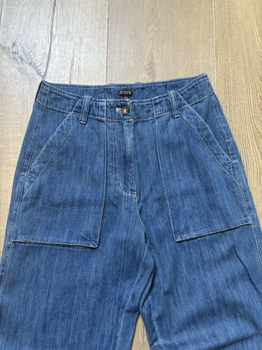 NWT J.Crew Chambray Cargo Pants Women 4 Blue Linen Blend Patch Pockets - Picture 2 of 4