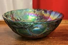Vintage Indiana Glass Company Madeira pattern green carnival glass fruit bowl