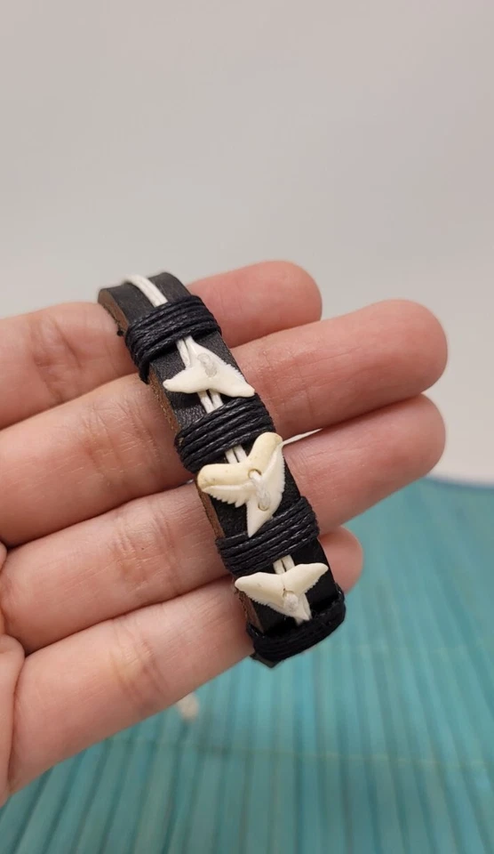 Fossil Shark Tooth Bracelet Surfer Bracelet Shark Teeth Bracelet Cuff Leather - Image 4 of 4