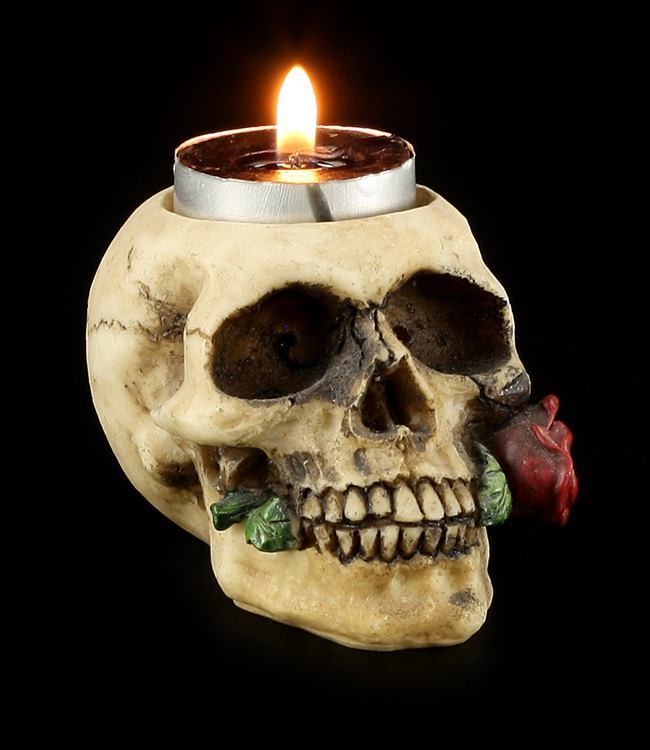 Candle Holder - Skull with Rose - Fantasy Gothic Skull Candle Holder