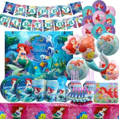 Theme Little Mermaid party birthday decoration Ariel banner plates