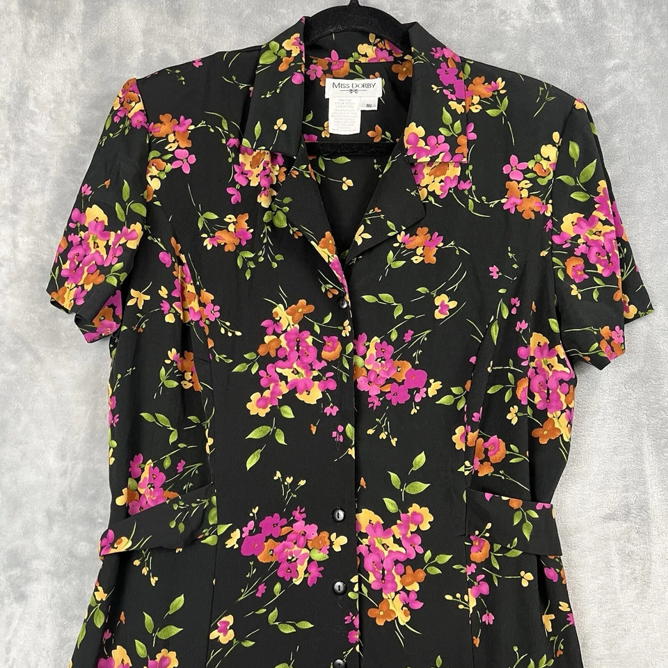 Vestido Floral De Colección Años 90 Para Mujer’s 16 Miss Dorby Botón Cottagecore Manga Corta Cinturón Foto 4 de 4