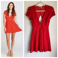 Show Me Your Mumu Ibiza Lace Cut Out V-Neck Short Sleeve Mini Dress in Red XXS