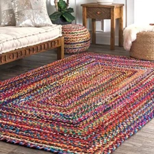 Cotton Chindi Area Rug Hand Braided Bohemian Colorful Rectangle Rag Rug Decor