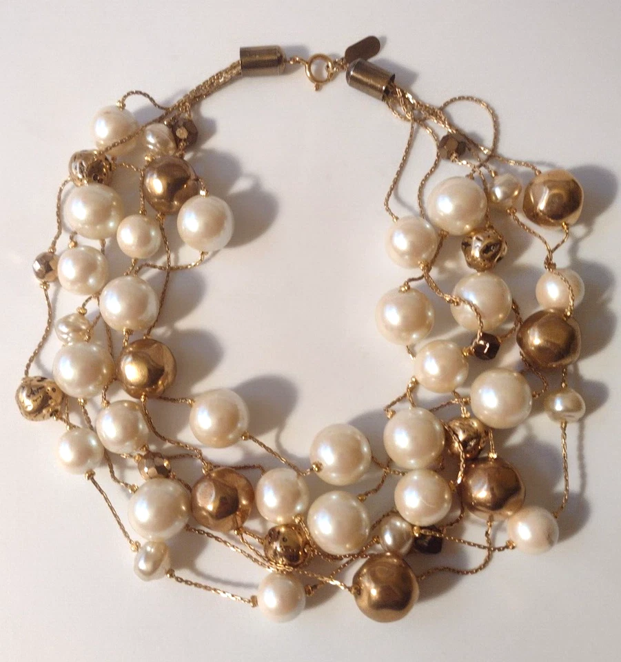Dabby Reid NYC Designer 6 Strand Necklace Pearls Golden Beads Handmade Signed - Image 4 of 4