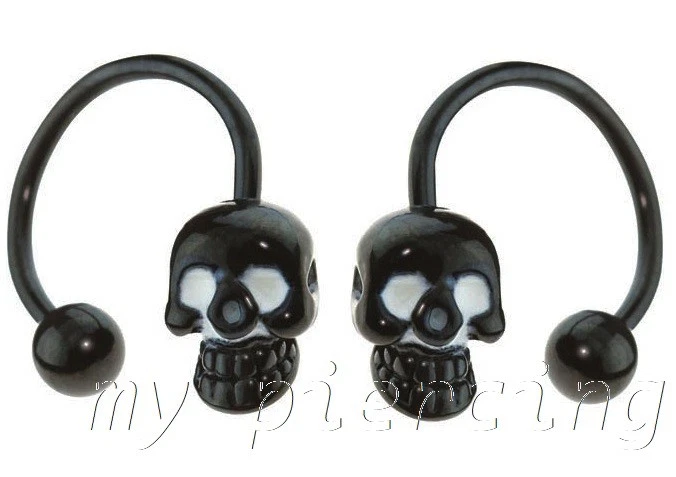 2 шт. 16 г 3/8 дюйма черная хирургическая стальная подкова с покрытием из ПВД изогнутая с черепом - Изображение 2 из 3