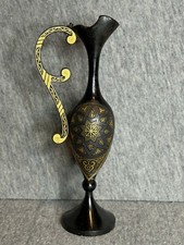 Vintage Miniature 1980s Black W/Gold Inlay  Damascene Ewer/Pitcher/Vase 5 3/4"