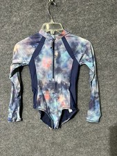 Athleta Girl Daybreak One Piece Long Sleeve Swim Suit Blue Pink Tie Dye Sz 8/10