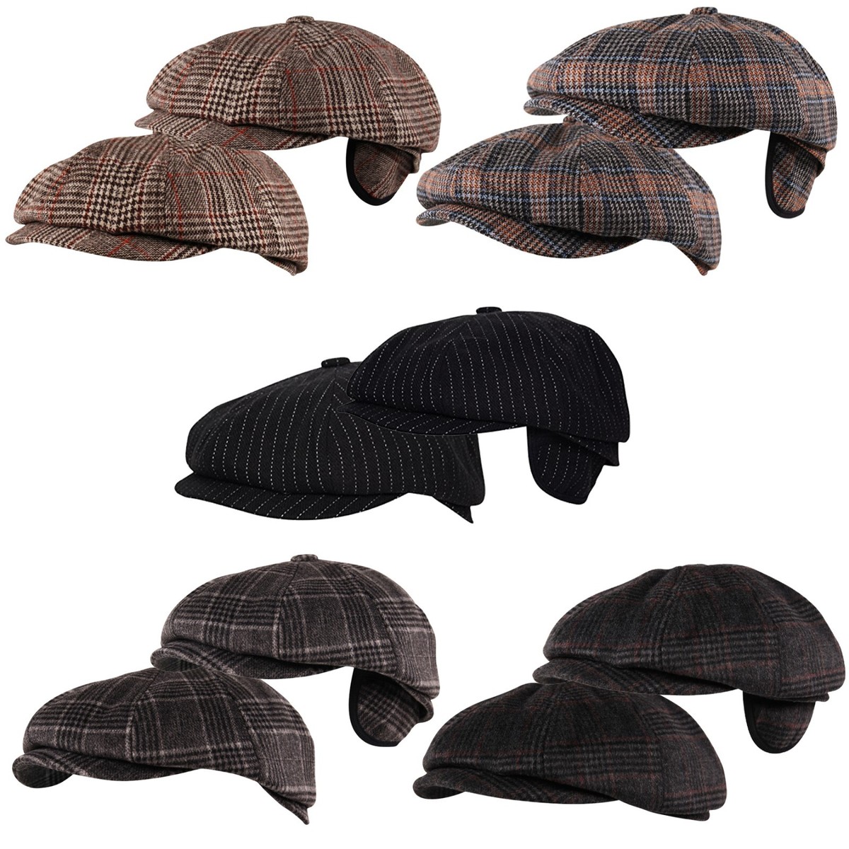 Itzu Berretto Piatto 8 Pannelli In Tweed Di Lana - Marrone E Grigio Con Patta Termica