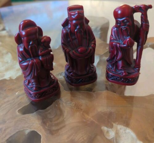 VINTAGE ROTE KUNSTHARZ CHINESISCHE GOTT FIGUREN FU LU SHOU / WEISE MÄNNER X3 ~ SEHR GUTER ZUSTAND - Bild 2 von 8