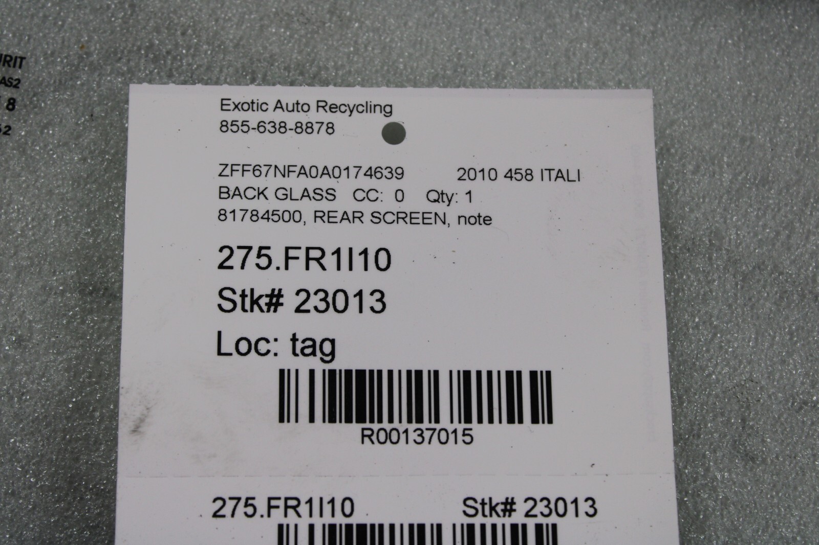 Ferrari 458 Italia, 488, Cabin Window, Back Glass, Used, P/N 81784500