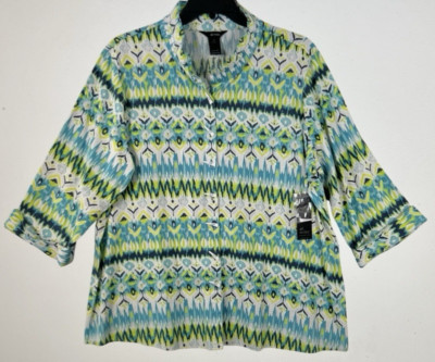 Ali Miles Ikat Tunic Plus Size 3X Floral Linen Toggle Button Up 3/4 Sleeve C18