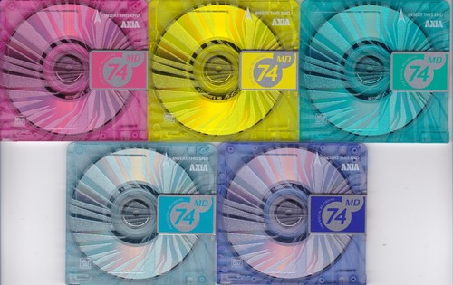 Enregistrement MD Lot De 5 Minidiscs Axia (Fujifilm) 74 Min - 'Happy Colors', Avec Étuis, Occasion Minidiscs Axia 74 Min