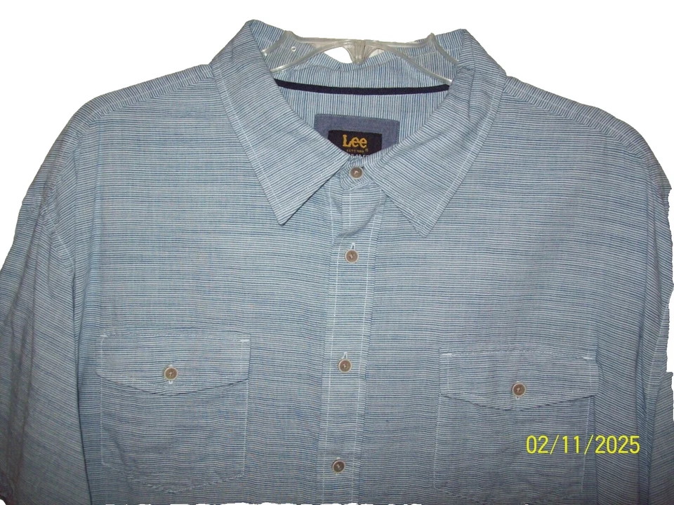 Camisa Lee Para Hombre 3XL Calce Regular Manga Corta Abotonada Algodón Azul Blanco Rayas Foto 2 de 4
