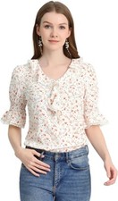 Women's Ruffle V Neck Half Bell Sleeve Blouse Summer Vintage Chiffon Peasant Top