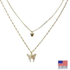 Fashion Women Chain Jewelry Necklace Double Layer Crystal Butterfly Pendant 1066