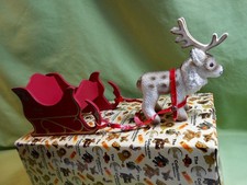 1990 Steiff Porcelain Reindeer and Santa Wood Sleigh with Box - 18" together
