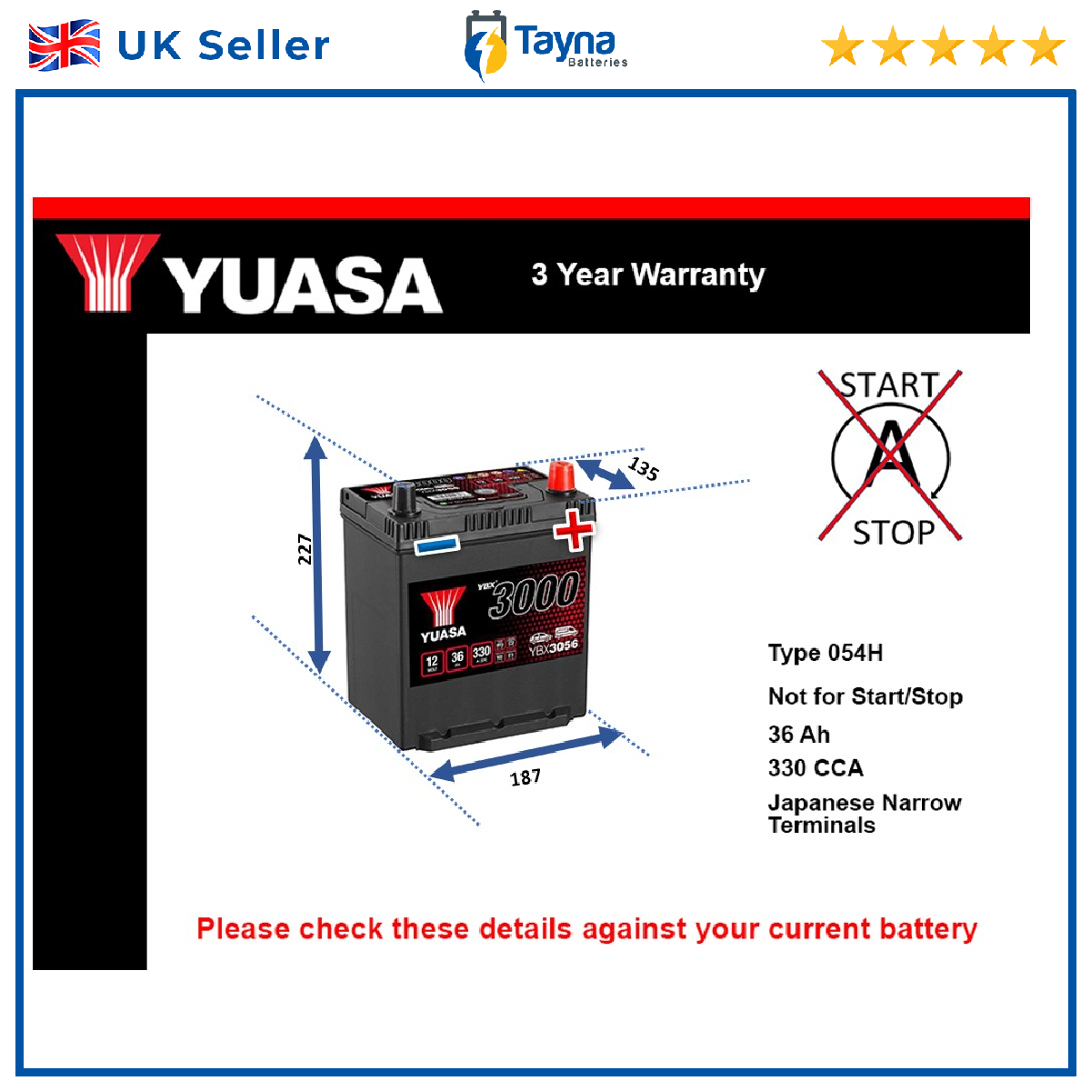 Car Battery YBX3056 Yuasa 054H 330A 36Ah 3Yr Warranty 187x135x227 SMF