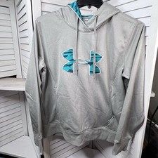 Under Armour ColdGear Hoodie Gray Teal Camo Logo Storm Pullover Large Women's