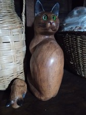 Large 14.5" Wooden Sitting Cat Statue with Green Eyes and 5" Wooden cat