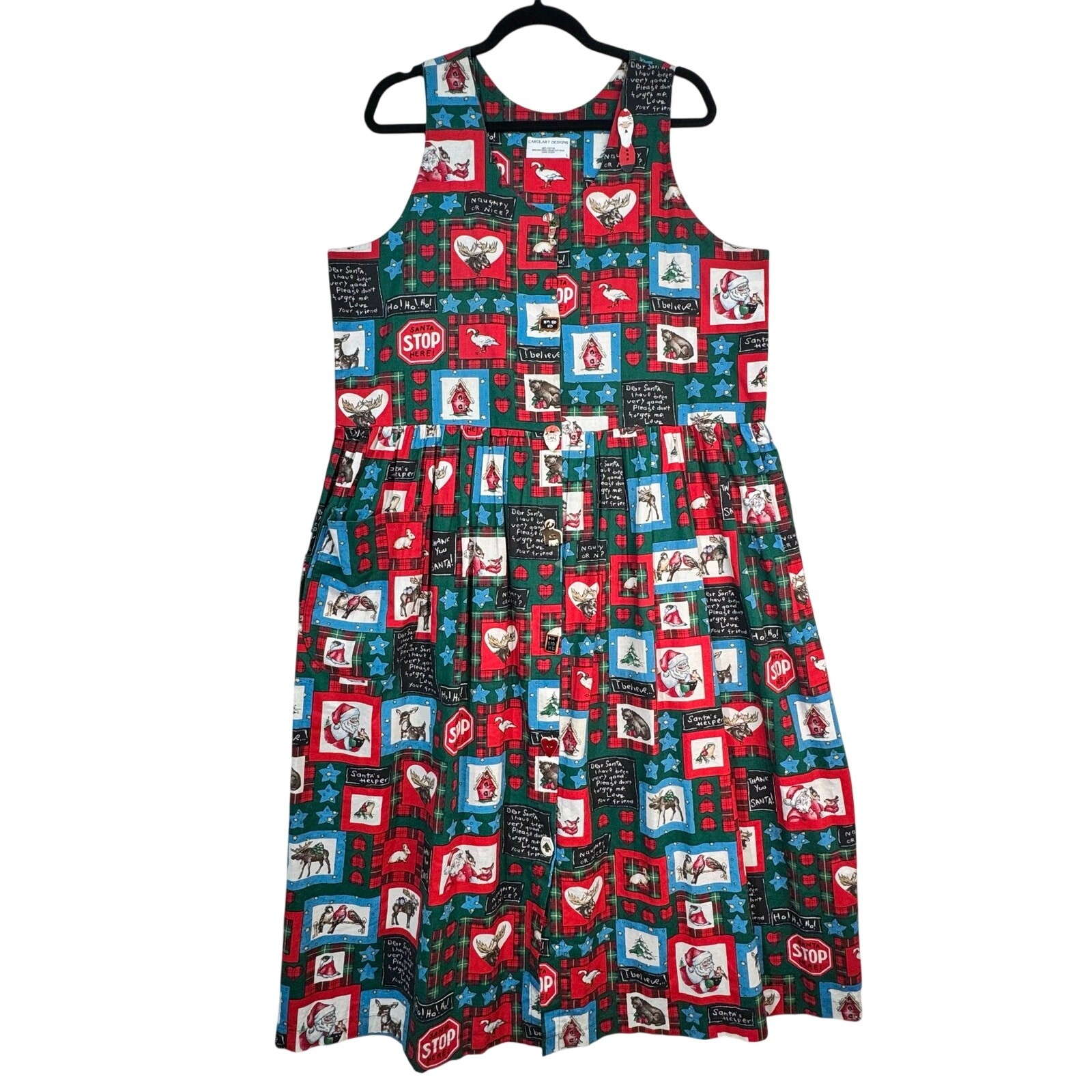 Carolart Designs Buttons Christmas Theme Cotton Jumper Dress Handmade VTG Large