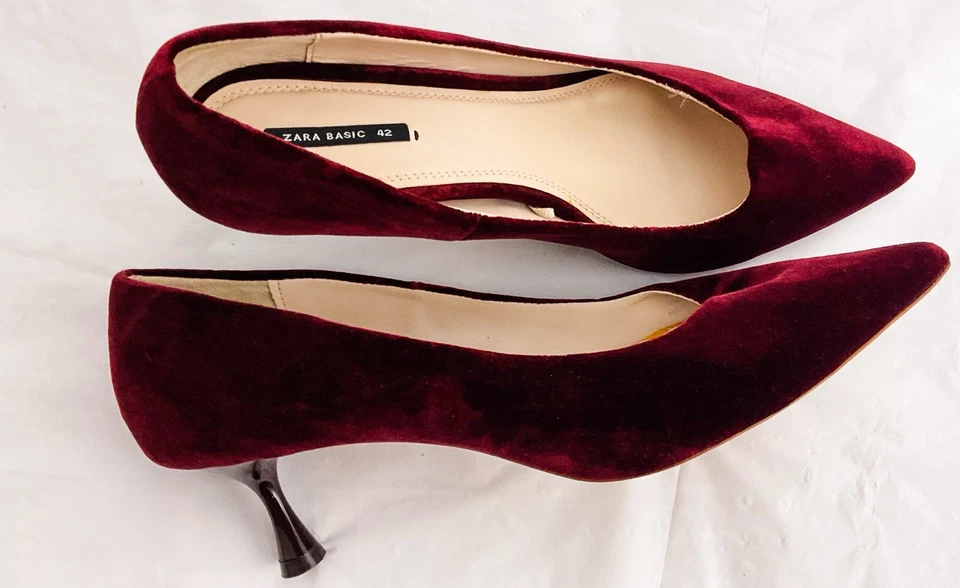 Zapatos de tacón de gamuza Zara 42 borgoña terciopelo punta puntiaguda caprichoso Fairycore Foto 4 de 4