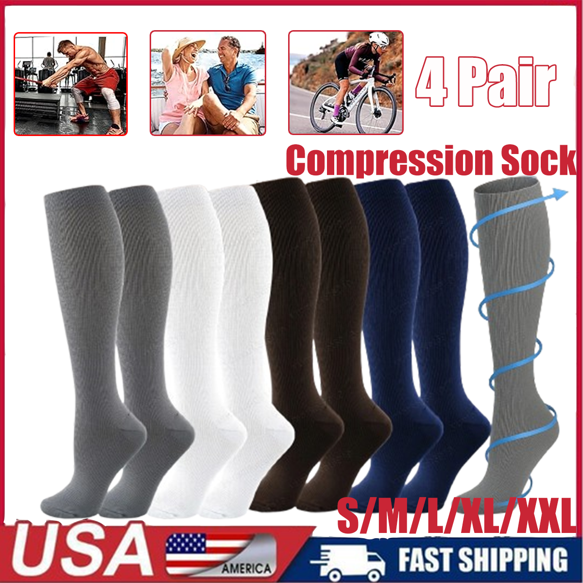 4 Pairs Copper Compression Socks 20-30mmHg Graduated Support Mens Womens S-XXL